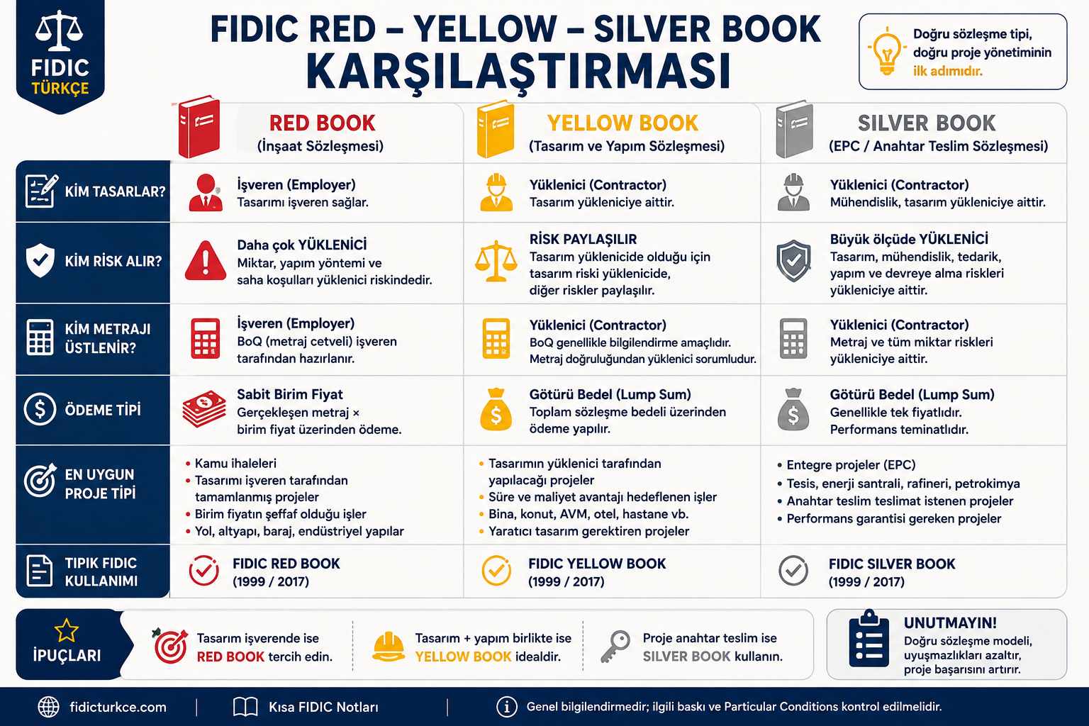 FIDIC Red, Yellow ve Silver Book karşılaştırma kartı